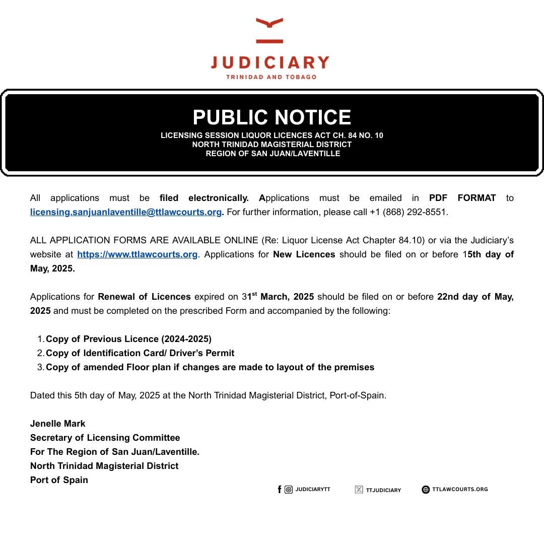 TTJudiciary's tweet image. Procedures for applying for Liquor Licenses for San Juan/Laventille.