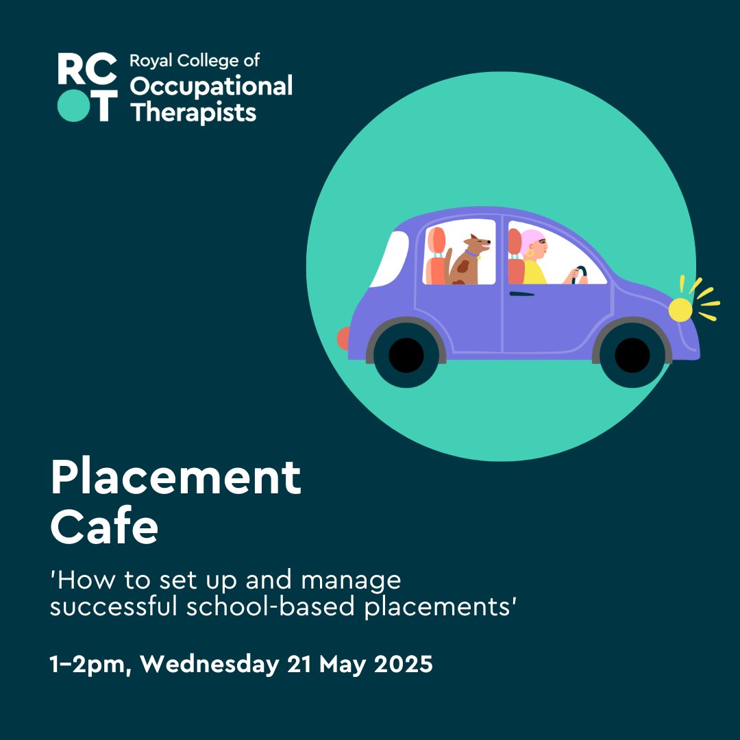 Royal College of Occupational Therapists (@thercot) on Twitter photo This month's placements café discussion is: 'How to set up and manage successful school-based placements’.
For everyone involved in organising placements.
To attend, email education@rcot.co.uk
Find out more: loom.ly/N5G76qg This month's placements café discussion is: 'How to set up and manage successful school-based placements’.
For everyone involved in organising placements.
To attend, email education@rcot.co.uk
Find out more: loom.ly/N5G76qg