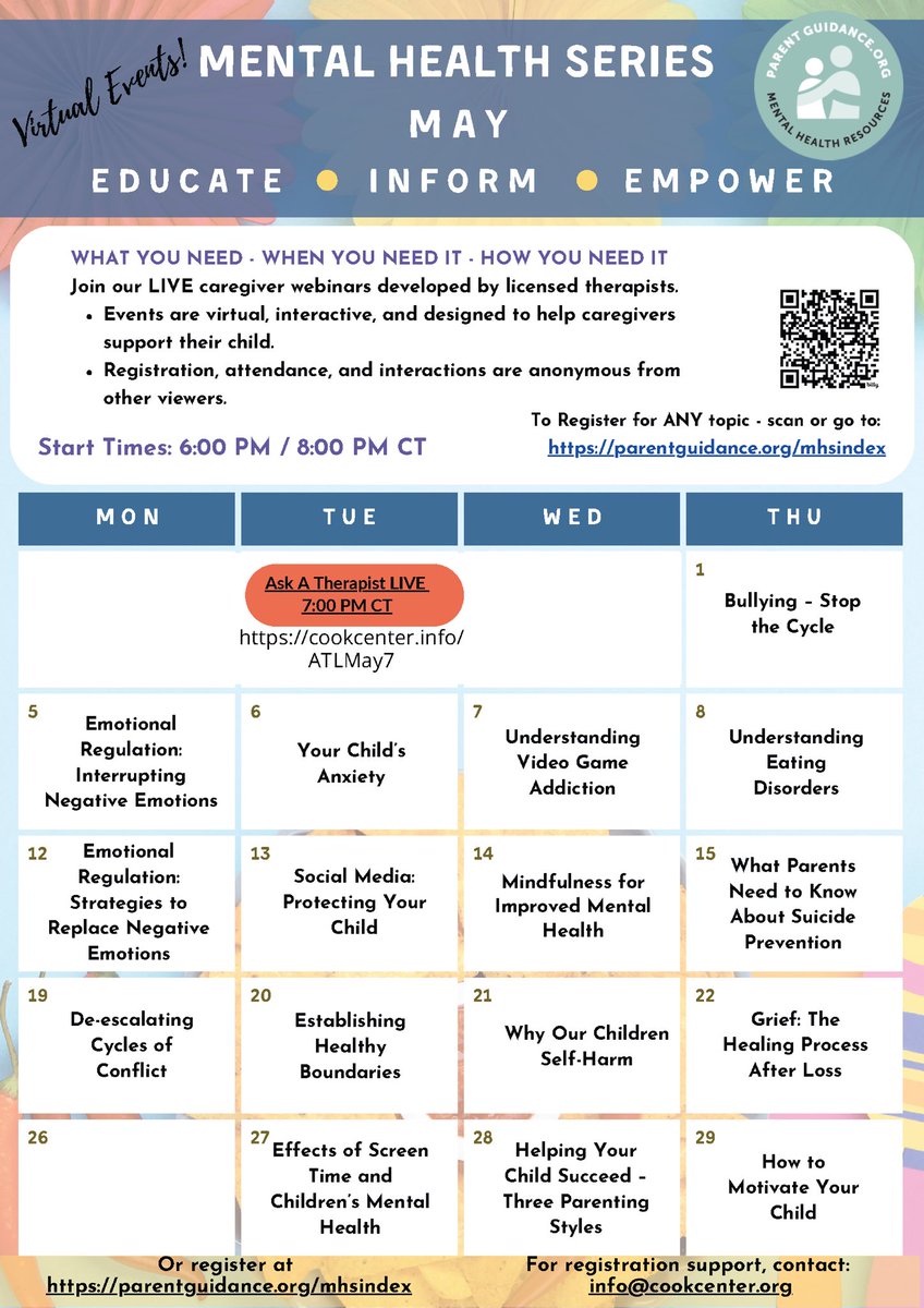 🧠 Pattonville Mental Health Series | May 12–15
Free virtual caregiver webinars:

📌 5/12: Emotional Regulation
📌 5/13: Social Media Safety
📌 5/14: Mindfulness &amp; Mental 
       Health
📌 5/15: Suicide Prevention

🕕 6 &amp; 8 PM CT
🔗 parentguidance.org/mhsindex