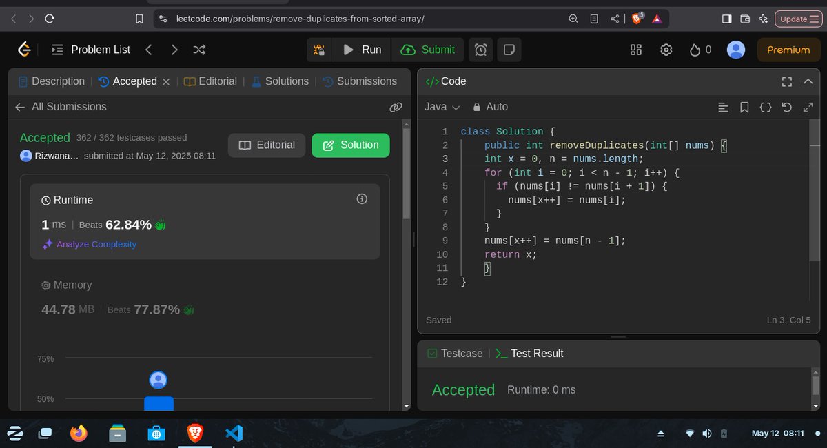 DPerween39952's tweet photo. #Day64 of #100DaysOfCoding✅
Solved @LeetCode 26: Remove Duplicates from Sorted Array
→ Used two-pointer approach
→ In-place update
→ Returned count of unique elements
#Java #DSA #LeetCode #WomenWhoCode #CodeLikeAGirl #TechTwitter #SheCodes #GirlsWhoCode https://t.co/hGtZytVVw3