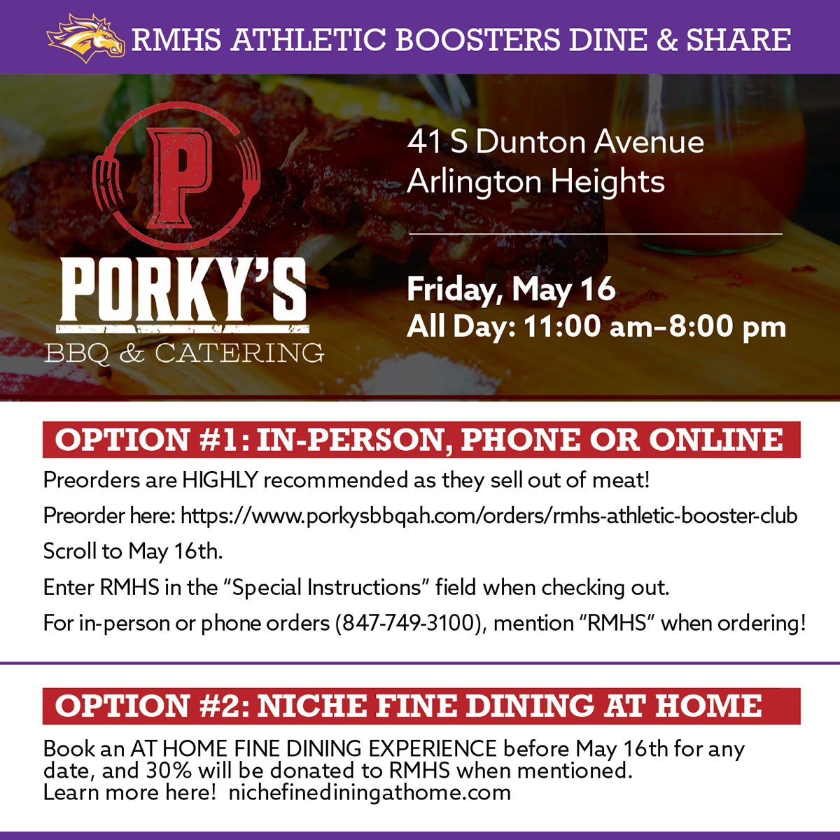 Dine-and-Share Alert for Friday at Porky's BBQ &amp; Catering in downtown Arlington Heights!  For preorders - porkysbbqah.com/orders/rmhs-at….  For Option #2 - nichefinediningathome.com