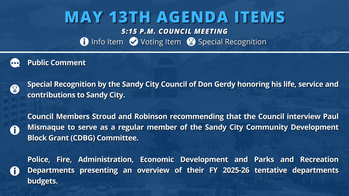 Who is joining us for tomorrow's City Council Meeting? Here are the items on the May 13th Agenda. 

You can read the full agenda here: tinyurl.com/4yzmwtas

If you are planning on joining us on Zoom, register ahead of time here: bit.ly/SandyCouncilMe…