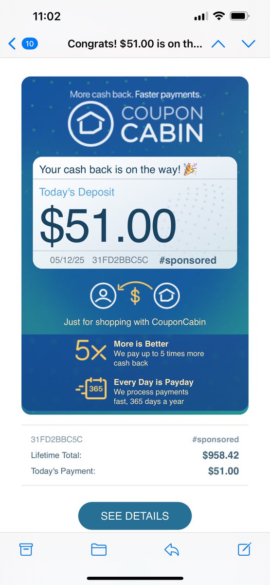 cmullaney92's tweet photo. Already on my third @CouponCabin cash back payment of the year! https://t.co/AwPWkQAQ8V