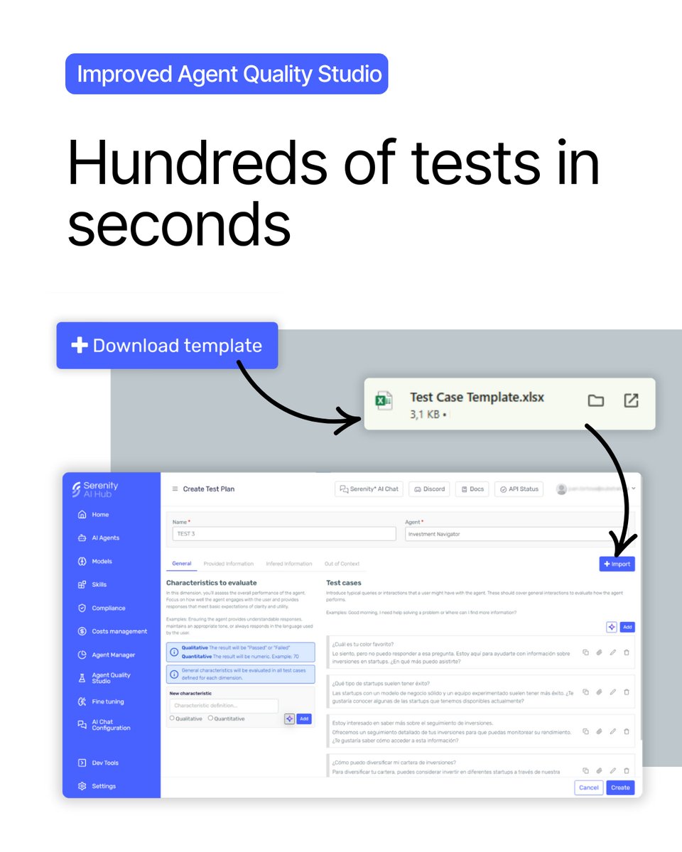 🆕We have improved the agent quality studio.

You can now import test plans directly from an Excel file:

1️⃣Create your plan using our downloadable template
2️⃣Upload the file
3️⃣All test cases are imported and linked to the current version of the agent

Try it here👇