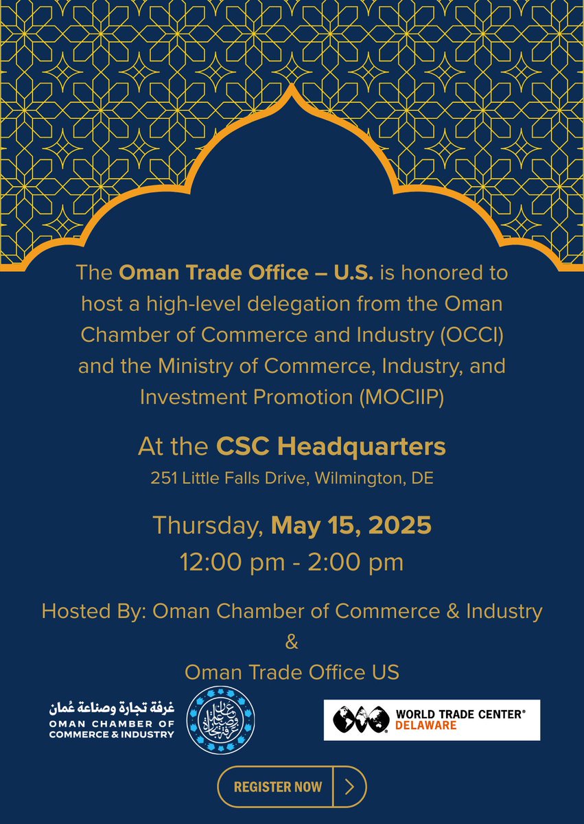 ‼️ You're Invited: Networking Lunch with Senior Omani Delegation – May 15 in Wilmington
.
🔗 conta.cc/436twd2