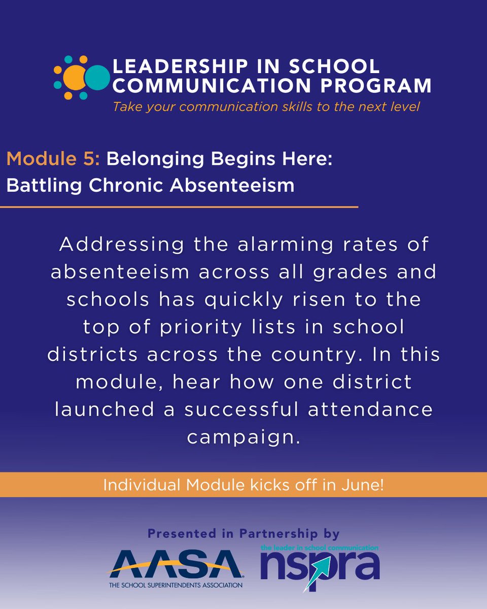 Having a solid communication strategy has never been more essential than now. 🎯 

AASA’s Leadership in School Communication program—developed in partnership with <a href="/NSPRA/">NSPRA</a>—is still open for individual module registration!

Learn more &amp; register: aasa.org/professional-l…