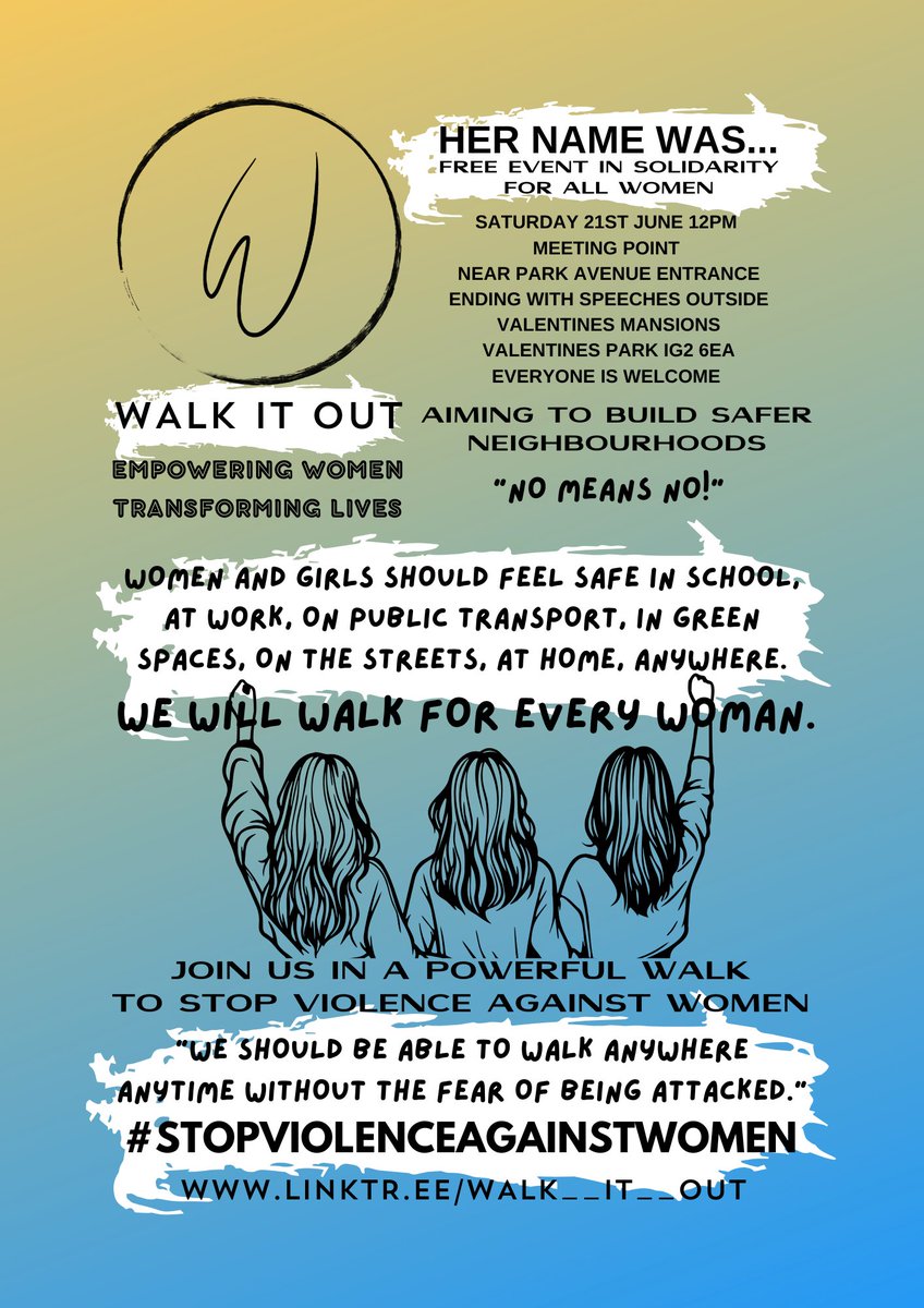 Walk__it__out's tweet image. Our annual violence against women and girls event will take place on 21st June 12pm at #ValentinesPark, starting at the first entrance of the park coming from #Ilford. We will walk in solidarity for all #women to valentines mansions ending with speeches. Bring your banners!