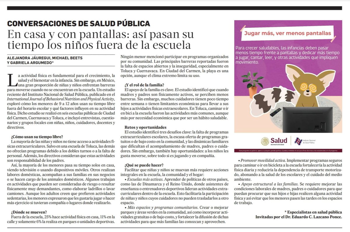 Eduardo Lazcano Ponce (@elazcanoponce) on Twitter photo Alejandra Jáuregui <a href="/2ajm/">Alejandra Jauregui</a>, <a href="/GabyArgumedoG/">Gabriela Argumedo PhD</a> (especialistas del <a href="/1CINyS/">CINyS - INSP</a>-<a href="/inspmx/">INSP México</a>) y Michael Beets describen cómo pasan su tiempo las infancias fuera de la escuela.
La mayoría están solos en casa, viendo televisión o usando dispositivos móviles.
lajornadamorelos.mx/opinion/conver… Alejandra Jáuregui <a href="/2ajm/">Alejandra Jauregui</a>, <a href="/GabyArgumedoG/">Gabriela Argumedo PhD</a> (especialistas del <a href="/1CINyS/">CINyS - INSP</a>-<a href="/inspmx/">INSP México</a>) y Michael Beets describen cómo pasan su tiempo las infancias fuera de la escuela.
La mayoría están solos en casa, viendo televisión o usando dispositivos móviles.
lajornadamorelos.mx/opinion/conver…