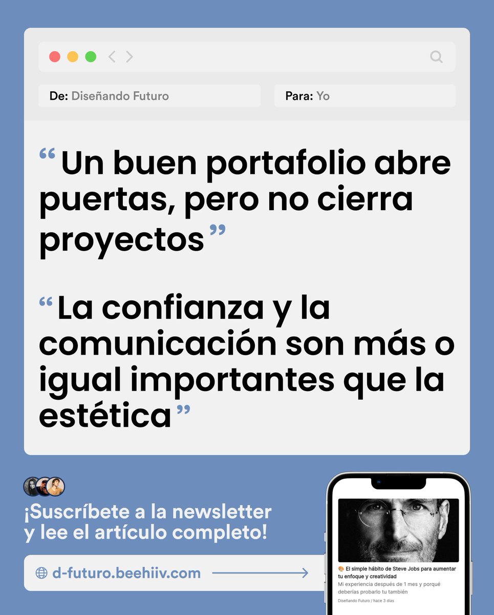 👋 ¡Buen lunes!

En la newsletter de hoy quiero hablar de algo que es crucial para los creativos. A menudo, pensamos que un buen portafolio es suficiente para abrirnos las puertas, pero la verdad es que hay mucho más detrás de esa primera impresión.

🔗 Lee el artículo completo