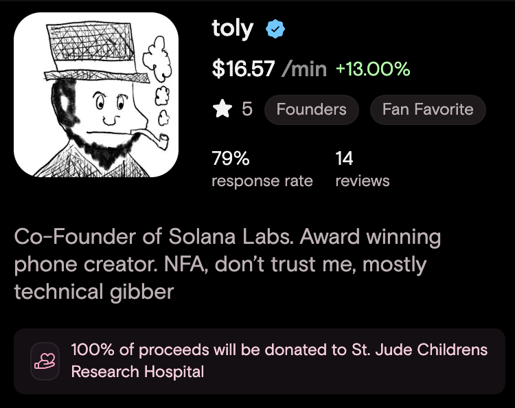 Get to know our most in-demand creators🔥

1. <a href="/toly/"></a> from <a href="/solanalabs/">Solana Labs</a> 

Co-founder of <a href="/solana/">Solana</a>, the chain we all know and love. Phone merchant <a href="/solanamobile/">Seeker | Solana Mobile</a>.

100% of Toly's Timefun earnings go towards charity. 

Minute token CA: JCeoBX79HfatfaY6xvuNyCHf86hwgkCCWDpEycVHtime