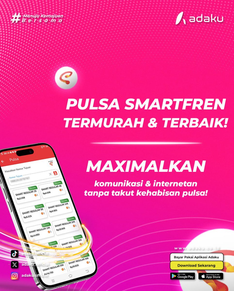 adaku_official's tweet image. 📢 Pulsa Smartfren Termurah &amp;amp; Terbaik Buat Kamu!
Maximalkan komunikasi &amp;amp; internetan tanpa takut kehabisan pulsa! 📱💬
Langsung isi sekarang, pulsa super murah cuma selangkah! ⚡️🤑

#PulsaSmartfren #PulsaTermurah #Adaku #InternetLancar #PulsaOnline #MaximalkanHariMu