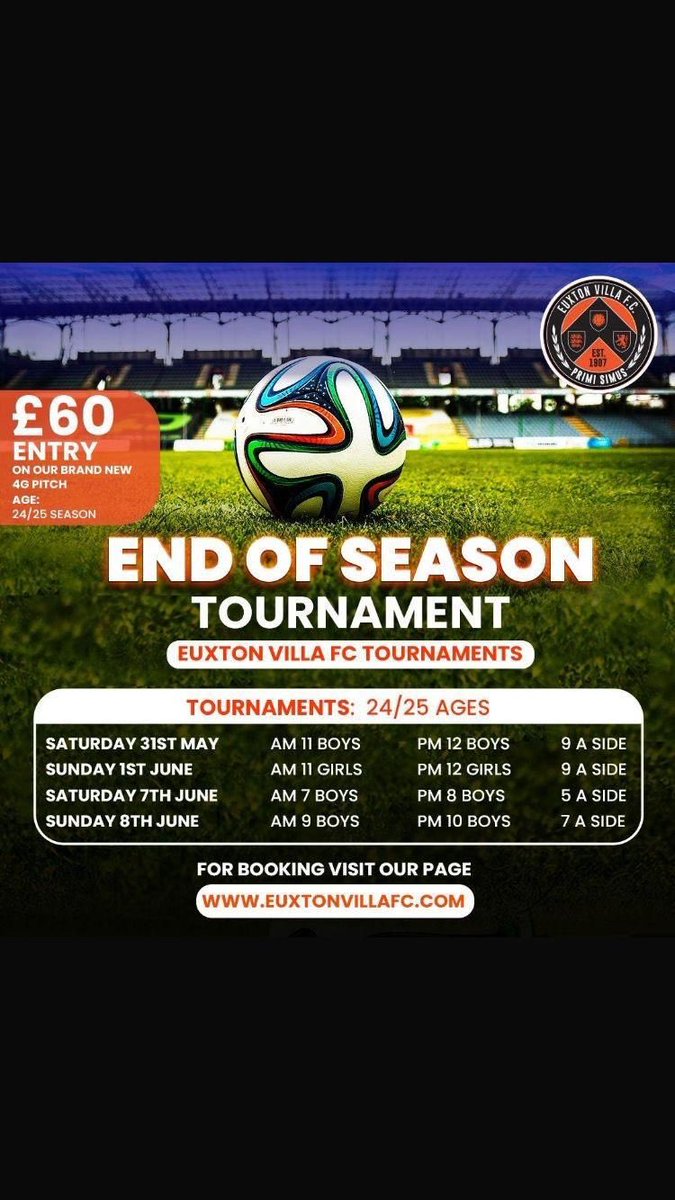 End of Season Tournament, Euxton, Lancashire. 
11 &amp; 12 Boys are full