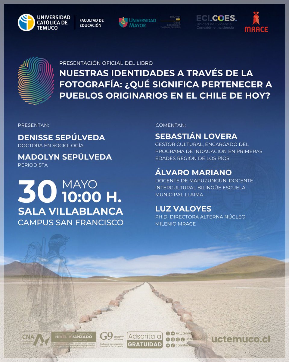 CEASumayor's tweet image. La dra. @denissesep participará en la presentación del libro: Nuestras identidades a través de la fotografía: ¿Qué significa pertenecer a pueblos originarios en el Chile de hoy?
🗓️ 30 de mayo
🕙 10:00 hrs
📍 Sala Villablanca, Campus San Francisco – Universidad Católica de Temuco