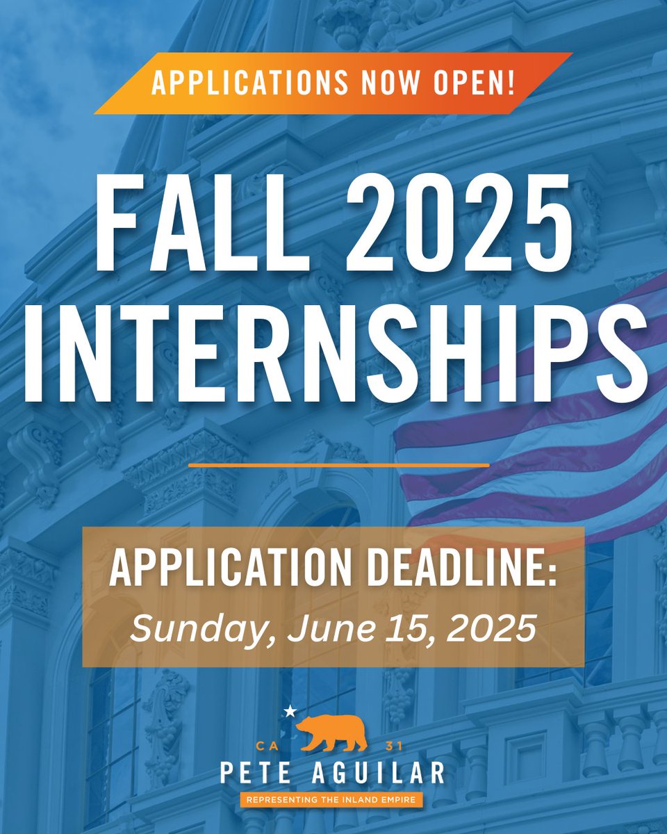 Are you a college student or recent grad interested in Congress, public service and supporting your community?

Apply for a Fall 2025 Internship in my D.C. or San Bernardino office! For more information and to apply, visit aguilar.house.gov/internships.