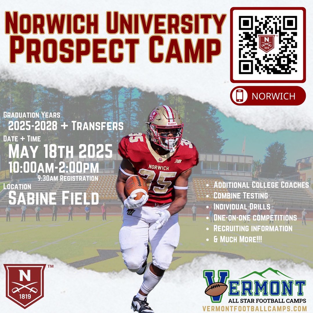 🚨 Sunday, May 18th🚨
📍Sabine Field in Northfield, VT
🏈 <a href="/NorwichFB/">Norwich Football</a> 
⏰ 10am-2pm
🔗 shorturl.at/VZVS5