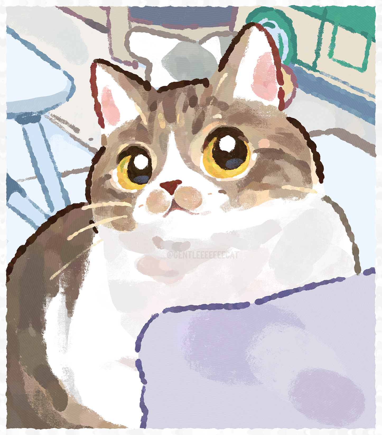イラスト原画 とても可愛らしい 「吃驚猫」 融け