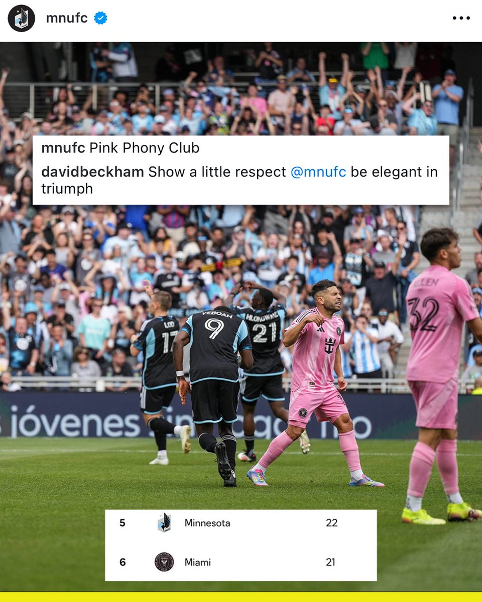 LemonCityLive's tweet photo. 🗣️ “Show a little respect.”
David Beckham claps back at #MNUFC after their cheeky Instagram posts poking fun at Inter Miami’s 4-1 loss on Saturday.

The Pink Phony Club jab clearly struck a nerve 👀
#InterMiamiCF | #MLS | #Beckham | #Loons https://t.co/mujaWQ11om