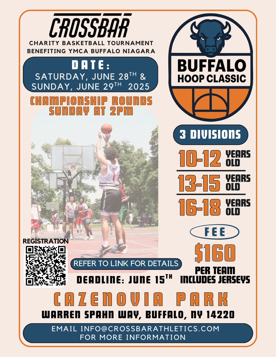 Calling all young ballers 10+! Show your skillsat the 3v3 Buffalo Hoop Classic and supportthe YMCA of Buffalo Niagara

Spots will fill fast - register now!
crossbarathletics.com/products/3v3-b…