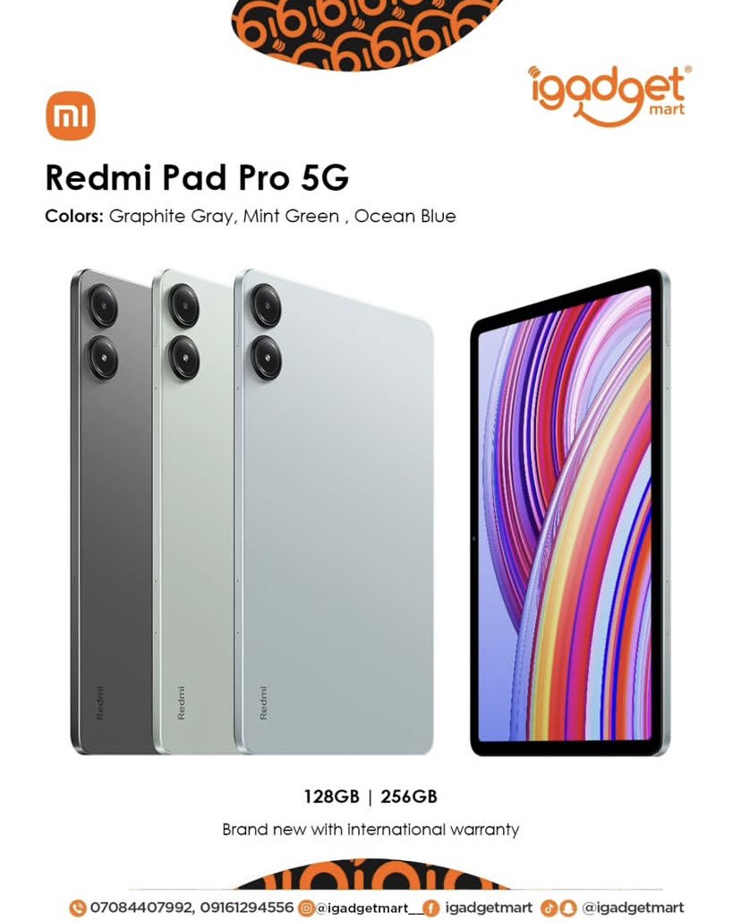 igadgetmartng's tweet image. Brand new Redmi Pad Pro 5G now available
Available in : Gray, Green and Blue
To order
Kindly send a DM or WhatsApp on +2347084407992
website: igadgetmart.ng
Visit us at : 2a olaide Tomori street, off simbiat Abiola way, computer village, ikeja.
We can&apos;t wait to serve you