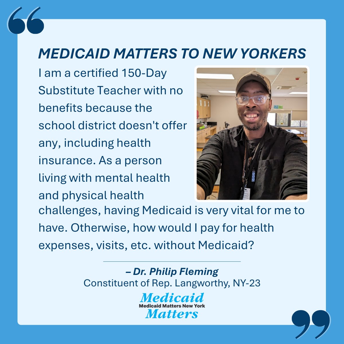 Medicaid Matters New York (@medicaidmtrsny) on Twitter photo This constituent of <a href="/RepLangworthy/">Congressman Nick Langworthy</a> tells us why Medicaid matters to him ⬇️⬇️⬇️
#HandsOffMedicaid #MedicaidMatters #ProtectMedicaid This constituent of <a href="/RepLangworthy/">Congressman Nick Langworthy</a> tells us why Medicaid matters to him ⬇️⬇️⬇️
#HandsOffMedicaid #MedicaidMatters #ProtectMedicaid