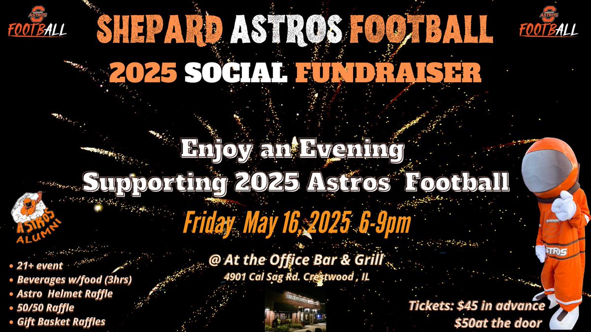 Calling all Alumni &amp; Astro Football Supporters
7th Annual Social Fundraiser this Friday May 16th