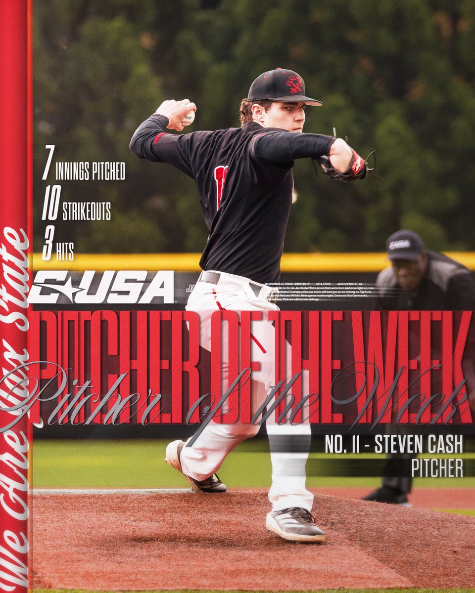 Jax State Baseball (@jaxstatebb) on Twitter photo Cashin' In on a stellar outing on Saturday! <a href="/Steven11_jr/">Steven W Cash Jr.</a> named the <a href="/ConferenceUSA/">Conference USA</a> Pitcher of the Week! Cashin' In on a stellar outing on Saturday! <a href="/Steven11_jr/">Steven W Cash Jr.</a> named the <a href="/ConferenceUSA/">Conference USA</a> Pitcher of the Week!