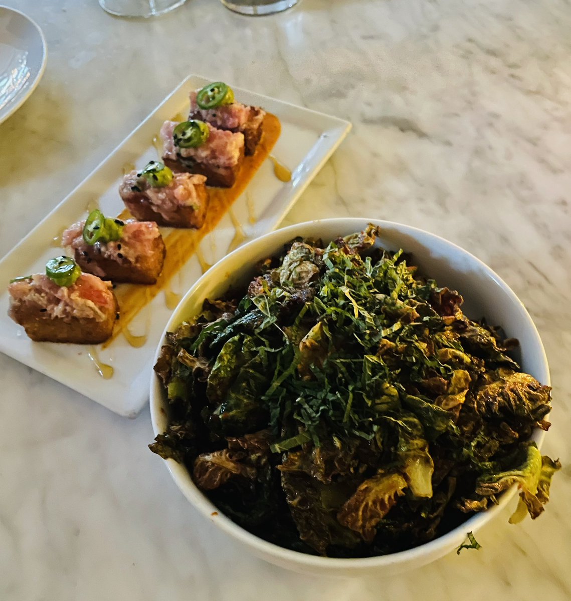 We split the Waygu yakitori w/portobello mushrooms, spicy tuna tartare on crispy rice and brussel sprouts in a kimchi sauce. The Branzino was just what I hoped and this simple Côtes du Rhône worked with it all. Mother’s Day dinner—at Ysabel LA.