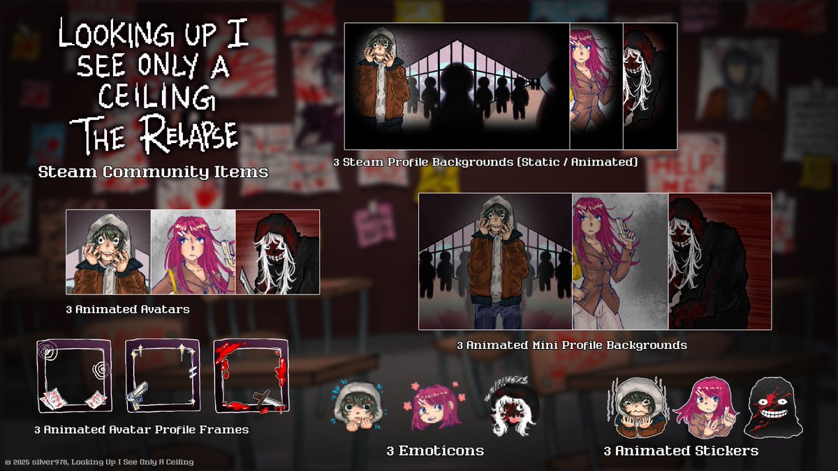 NEW Steam Community Items for #luisoac's DLC "The Relapse" are out now! 🥳

Customise your Steam profile with 3 new items for each category, based on the new characters introduced in the story. ✂️ 🗓️

Get them now: store.steampowered.com/points/shop/ap…

#gamedev #indiegame #indiedev #steam