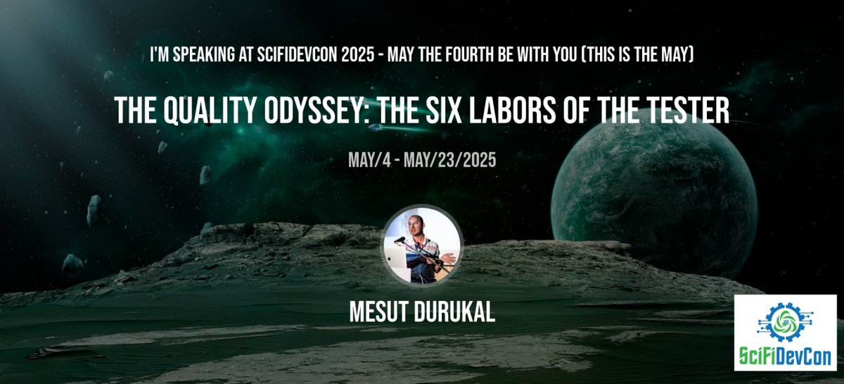 scifidevcon (@scifidevcon) on Twitter photo Day 7 of #SciFiDevCon is live! Today we have <a href="/DurukalMesut/">Mesut Durukal メスット</a>
with "The Quality Odyssey: The Six Labors of the Tester" scifidevcon.com/courses/2025-s… Day 7 of #SciFiDevCon is live! Today we have <a href="/DurukalMesut/">Mesut Durukal メスット</a>
with "The Quality Odyssey: The Six Labors of the Tester" scifidevcon.com/courses/2025-s…