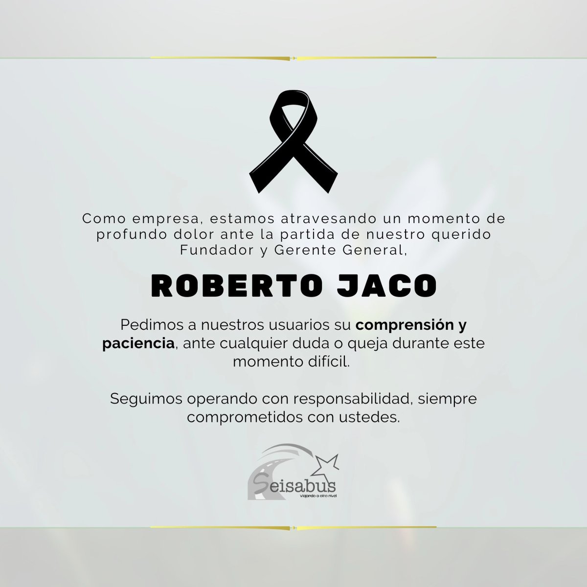 ysuca91siete's tweet photo. SEISABUS mediante sus redes sociales han informado del fallecimiento de Roberto Jaco, gerente de la empresa SEISABUS, empresa que maneja la ruta 201 de Santa Ana a San Salvador y viceversa. Jaco fue uno de los empresarios del transporte capturados por supuestamente  no brindar el servicio de transporte al público, según fuentes policiales.