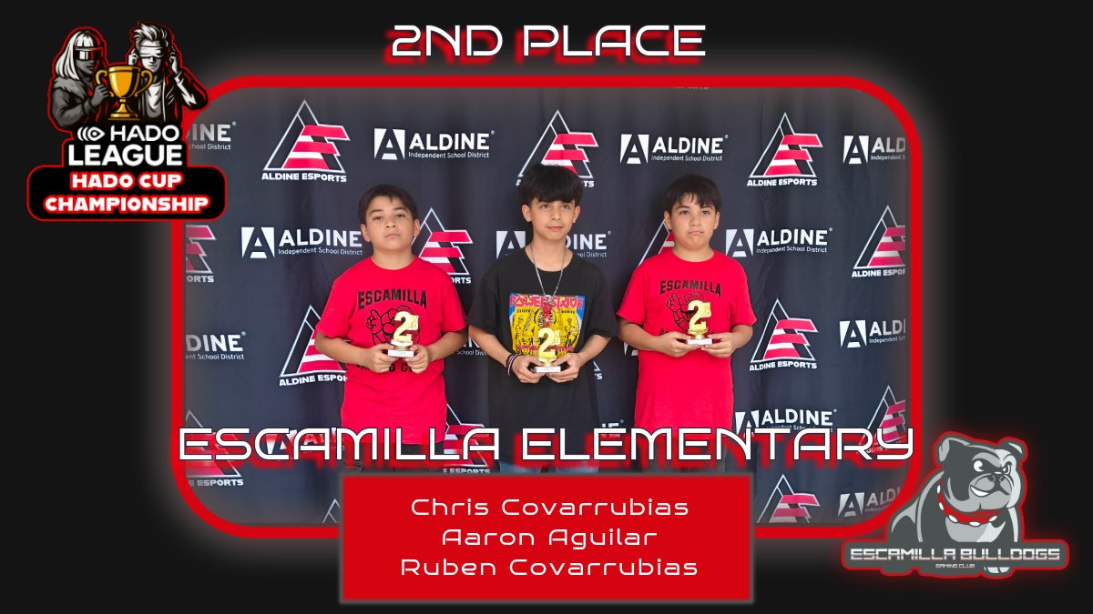 Aldine Esports (@aldineesports) on Twitter photo 🎉 HUGE CONGRATS to <a href="/Escamilla_AISD/">Escamilla Elementary School</a>
for finishing 2nd in the HADO CUP Championship! 📷 We look forward to the Bulldogs returning strong and pushing for the cup! <a href="/slrehan/">Susan Rehan</a> <a href="/maty_orozco/">Dr. Matilda “Maty” Orozco</a> <a href="/AldineDLS/">AldineISD Digital Learning</a> <a href="/PLAYHADO/">HADO USA</a> 🎉 HUGE CONGRATS to <a href="/Escamilla_AISD/">Escamilla Elementary School</a>
for finishing 2nd in the HADO CUP Championship! 📷 We look forward to the Bulldogs returning strong and pushing for the cup! <a href="/slrehan/">Susan Rehan</a> <a href="/maty_orozco/">Dr. Matilda “Maty” Orozco</a> <a href="/AldineDLS/">AldineISD Digital Learning</a> <a href="/PLAYHADO/">HADO USA</a>
