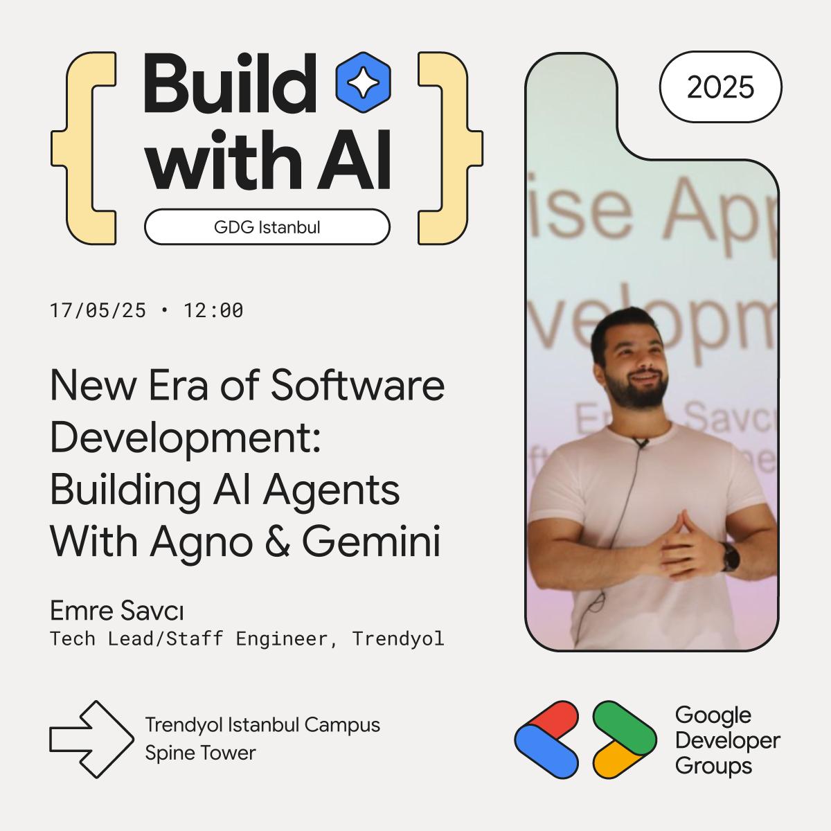 GDGIstanbul's tweet image. 🚀 Build with AI etkinliği GDG Istanbul’da!
@AlicanKiraz0, @mstrYoda_, ve @omarcevi ile beraber Gemma modellerini ince ayar yapmayı, AI ajanları geliştirmeyi ve Google’ın Agent Development Kit (ADK) ile hayatınızı nasıl kolaylaştırabileceğinizi öğrenmek ister misiniz? O zaman bu…