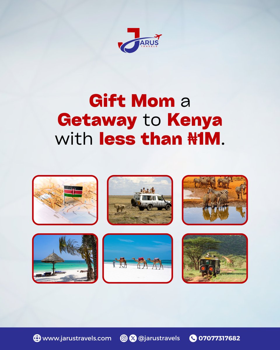 Who says appreciation has to wait for a special day? Surprise Mom with a well-deserved getaway to Kenya-for less than ₦1M! From safaris to serene beach moments, give her the gift of adventure and relaxation.

#Travel #Adventure #KenyaGetaway #ExploreAfrica #JarusTravels