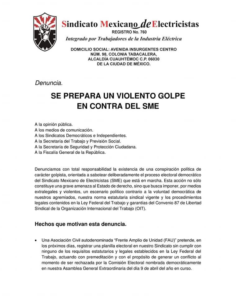 sindicato_sme's tweet photo. Denuncia. 
SE PREPARA UN VIOLENTO GOLPE
EN CONTRA DEL SME

Denunciamos con total responsabilidad la existencia de una conspiración política de carácter golpista, orientada a sabotear deliberadamente el proceso electoral democrático del Sindicato Mexicano de Electricistas (SME). https://t.co/oKl7dbt383