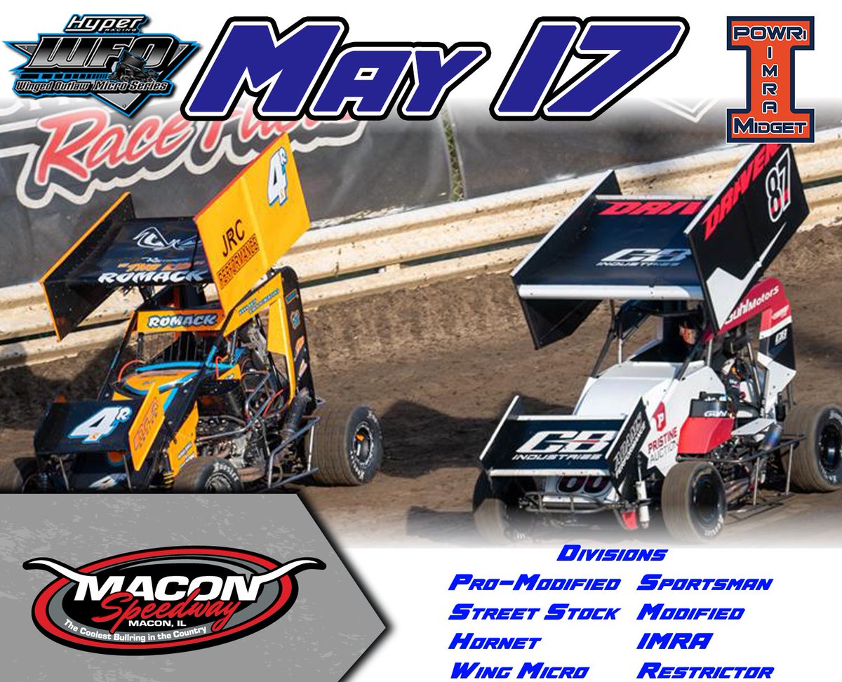Back to business.

A full night of action returns to the bullring this weekend at Macon Speedway, featuring a visit from the WFO Micro Series!

Event info: maconracing.com/press/2025/art…