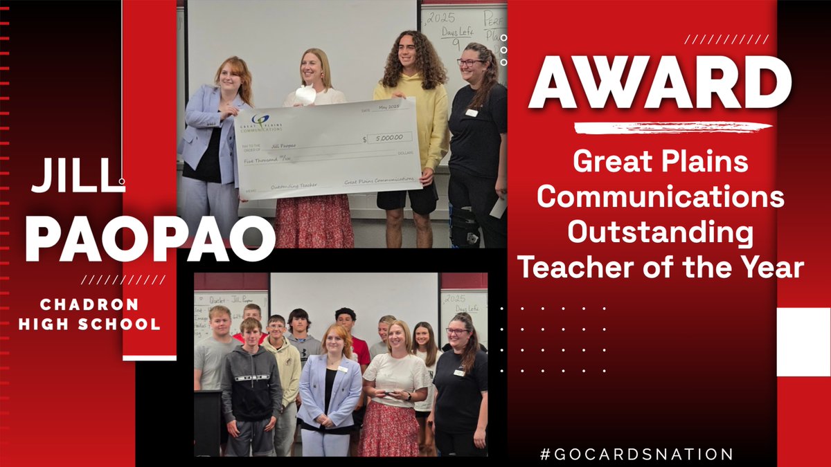 Congratulations to Mrs. Paopao! She has been named the 2025 Great Plains Communications Outstanding Teacher of the Year for Nebraska! 🏆 🎉 #GoCardsNation