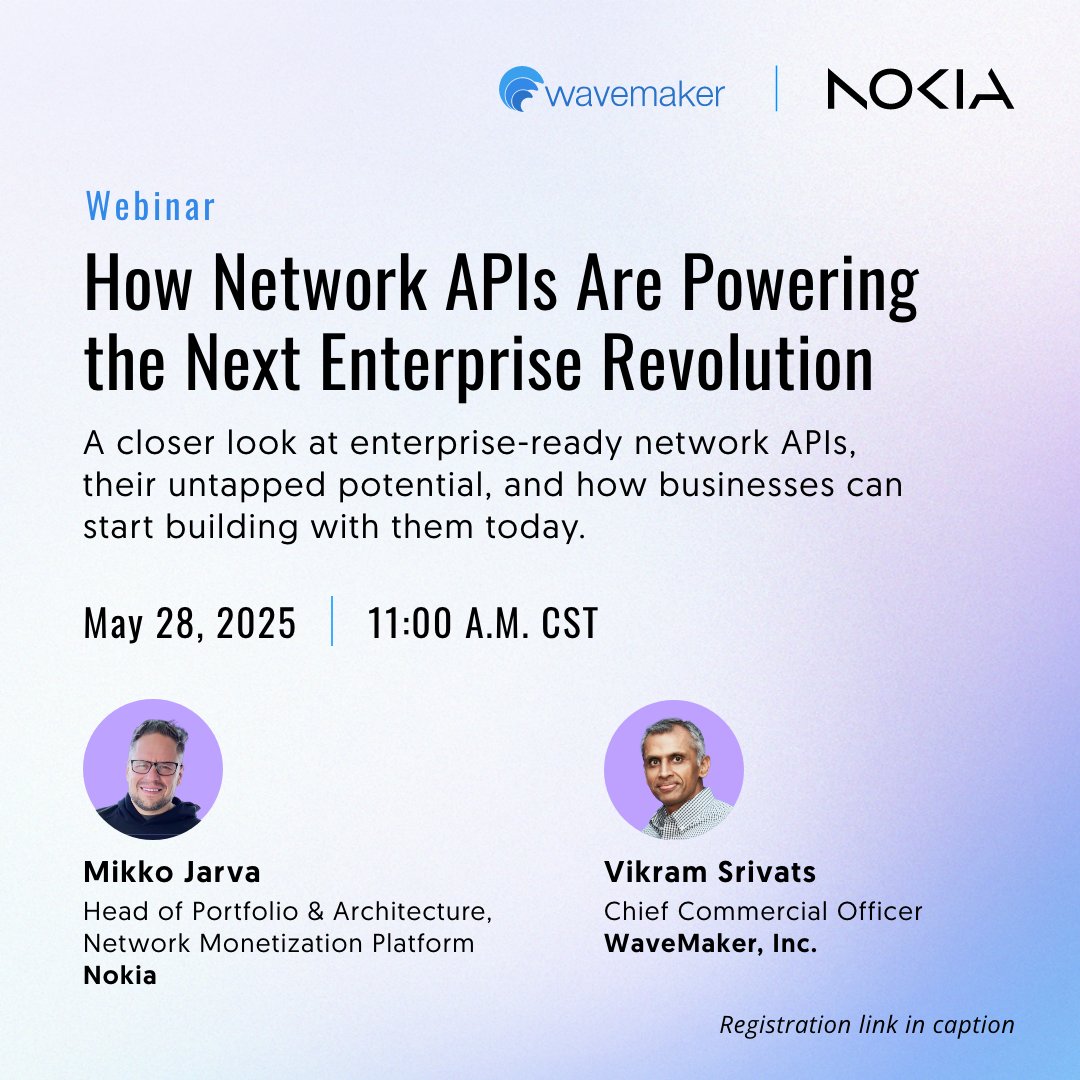 From keeping fleets on track to monitoring assets, and securing financial transactions, programmable connectivity is shaking up industries in exciting ways!

Harness powerful Network APIs with WaveXD &amp; <a href="/nokia/">Nokia</a>'s  Network as Code — register for the webinar: bit.ly/4jRfWkX