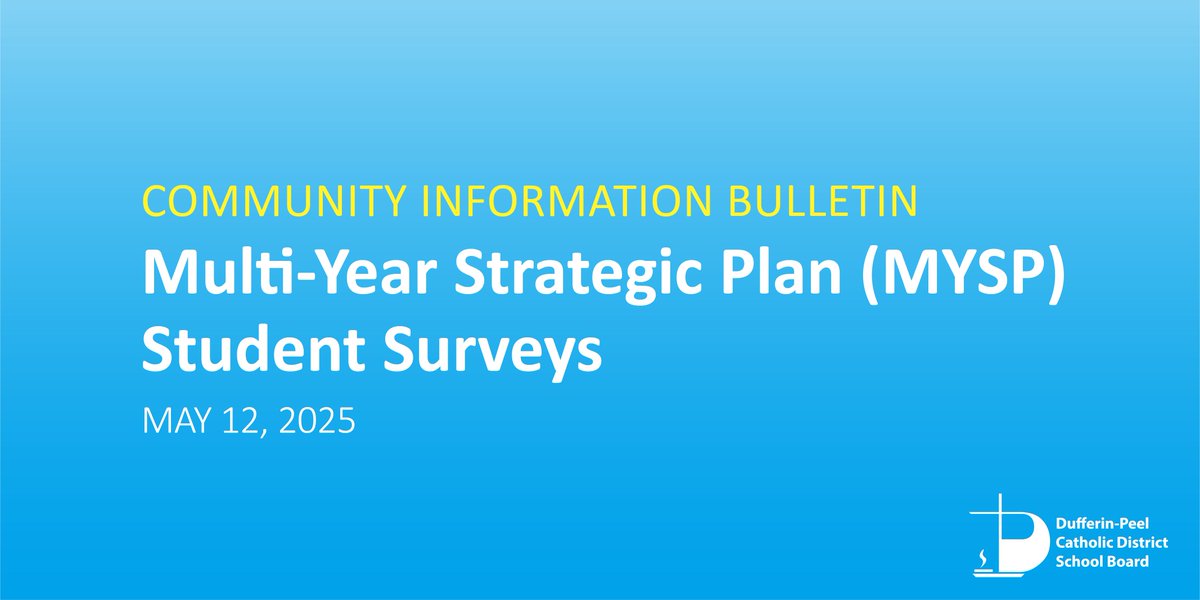 DPCDSB annually implements several online student surveys to support the monitoring of the Multi-Year Strategic Plan &amp; Catholic School Improvement Learning Cycle. This year, the surveys will be open for student feedback from May 12 - May 30.

Read more: dpcdsb.info/MYSPStudentSur…