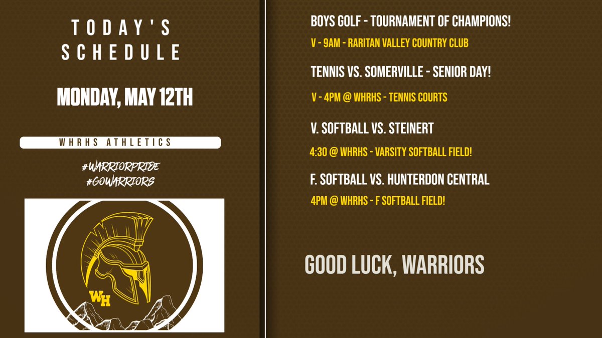 WHRHS Athletics (@whrhs_athletics) on Twitter photo Today's Athletic Schedule. Good luck, Warriors! <a href="/WarrenTAP/">Warren TAP</a> <a href="/whrhs_district/">Watchung Hills Regional High School</a> Today's Athletic Schedule. Good luck, Warriors! <a href="/WarrenTAP/">Warren TAP</a> <a href="/whrhs_district/">Watchung Hills Regional High School</a>
