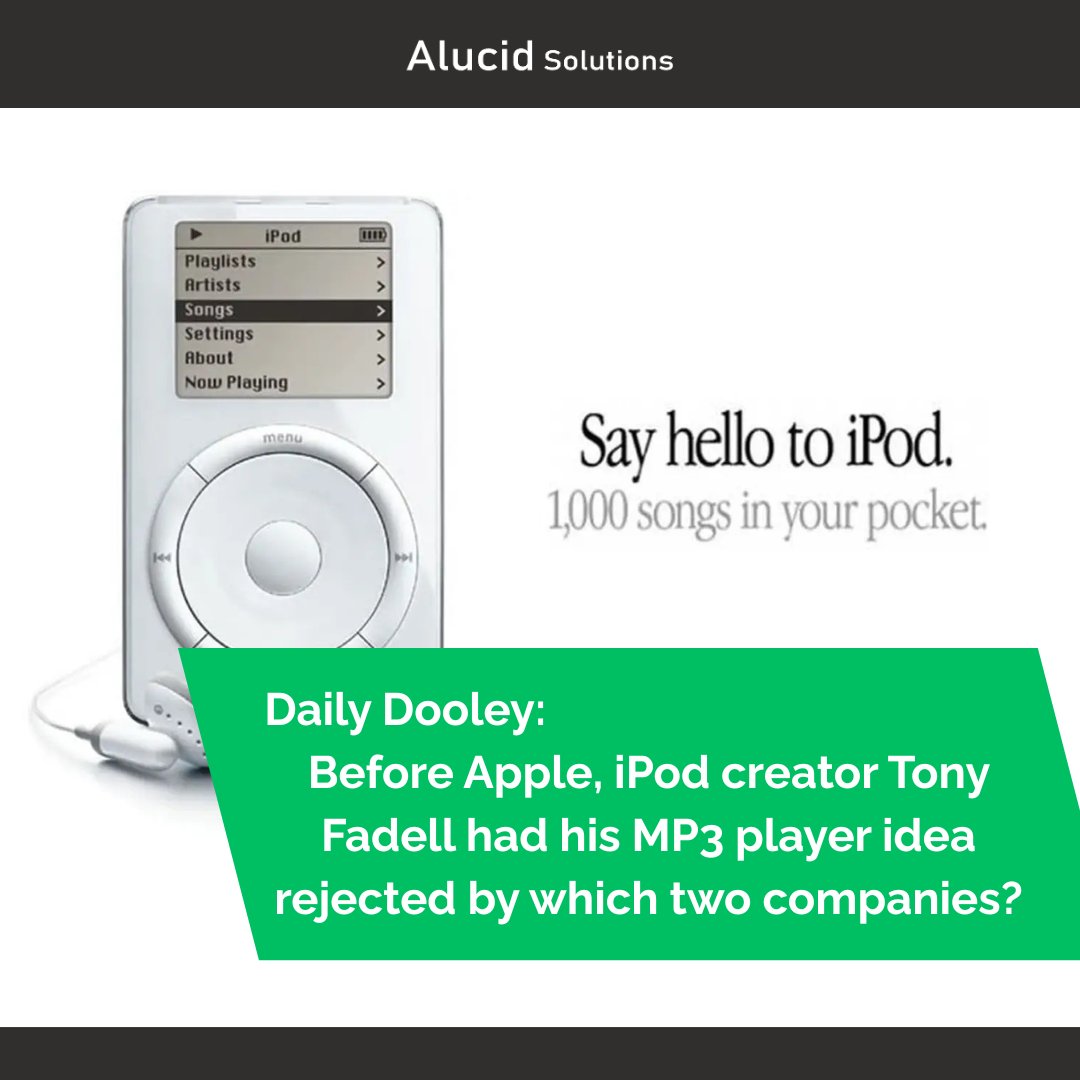 AlucidSolutions's tweet image. Daily Dooley: Before @apple , iPod creator Tony Fadell had his MP3 player idea rejected by which two companies?

Get the answer! alucidsolutions.com/post/daily-doo…

#alucidsolutions #techtrivia #ipod #itinnovation