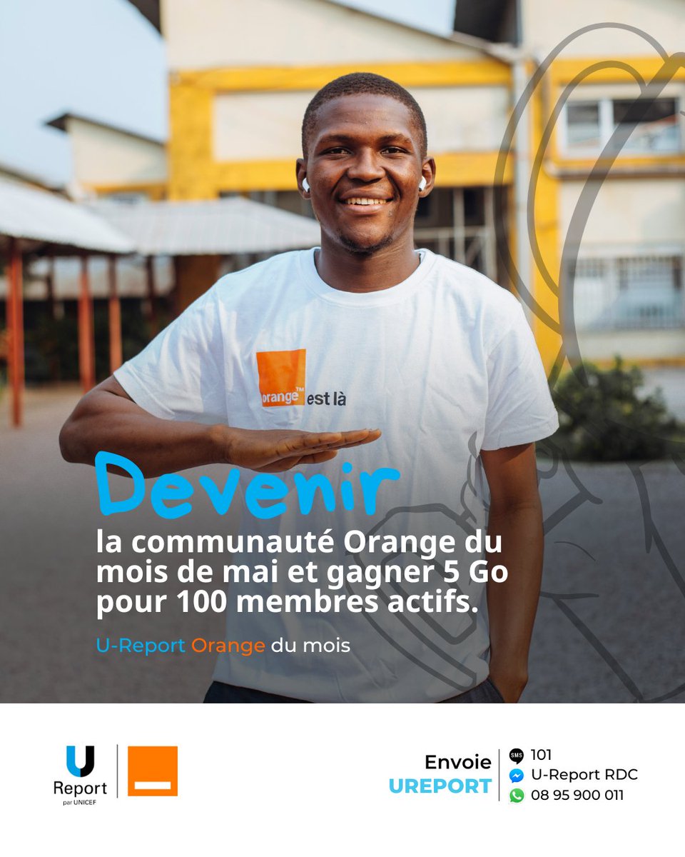 Hey U-reporter !

Chaque mois, 100 membres actifs d’une communauté U-Report reçoivent 5 Go d’internet offerts par Orange RDC.
Un coup de pouce pour soutenir ton engagement. 👍

🙋🏾‍♀️ Et si ce mois-ci, c’était ta communauté qui bénéficiait de ce bonus ?

👉 Identifie ton/ta leader en