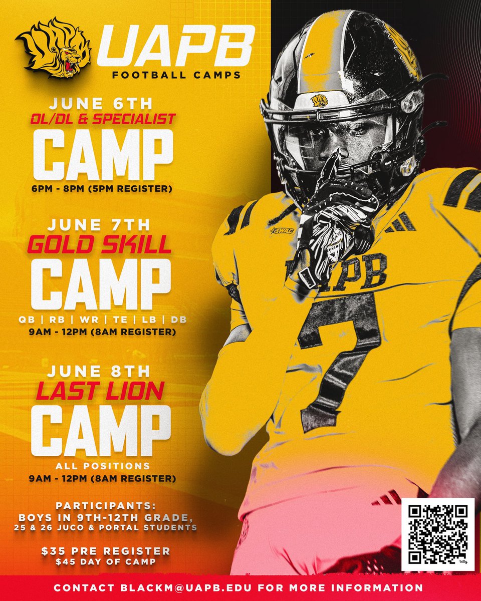 Join us this summer for the UAPB Football Camps, June 6–8—three days of elite training and skill-building!

Don’t miss your chance to learn from the best—register today and unleash your potential! 🦁🏈

🔗 bit.ly/3YmsHuZ