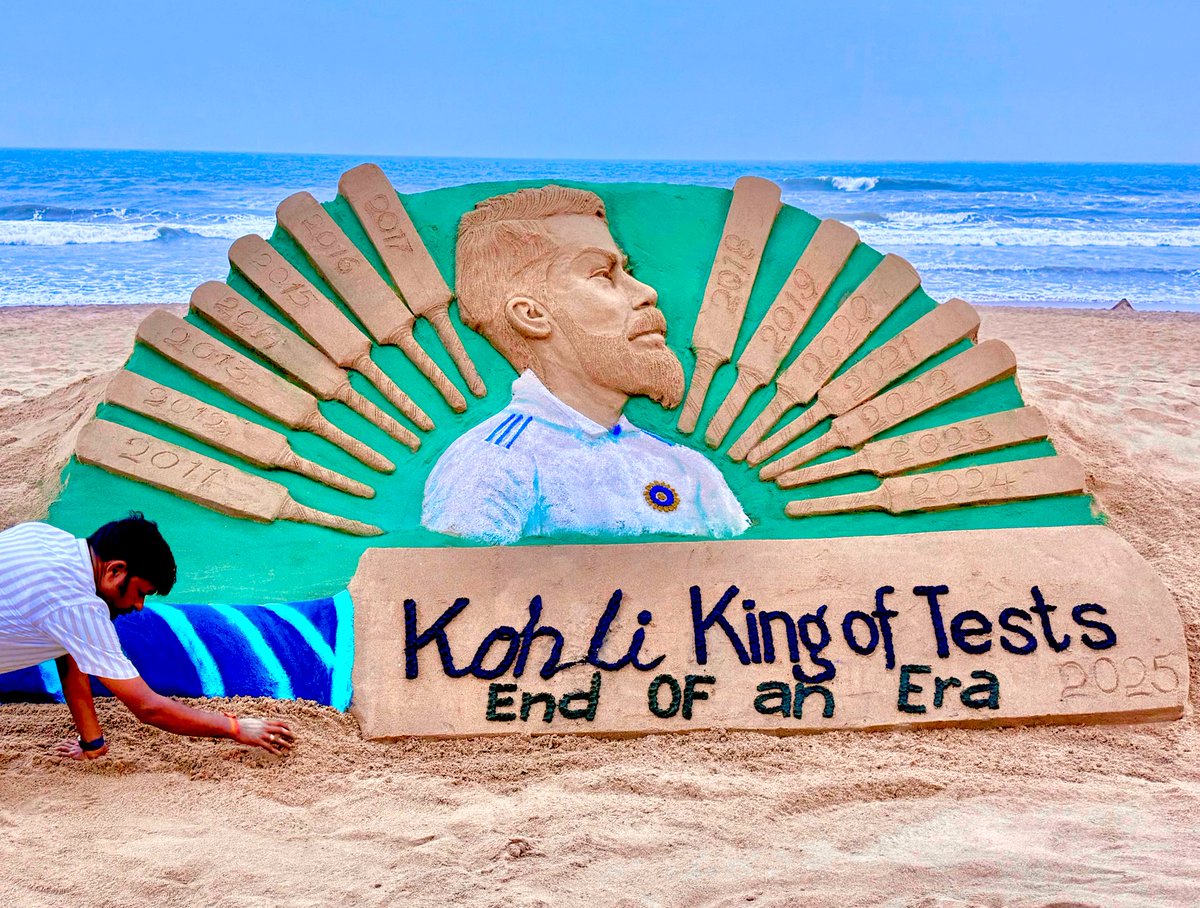 Thank you #ViratKohli𓃵 for the unforgettable memories, unmatched passion, and the pride you brought to Indian cricket. Your legacy will live on forever. Wishing you all the best in this new chapter of life. My sand art at Puri beach.