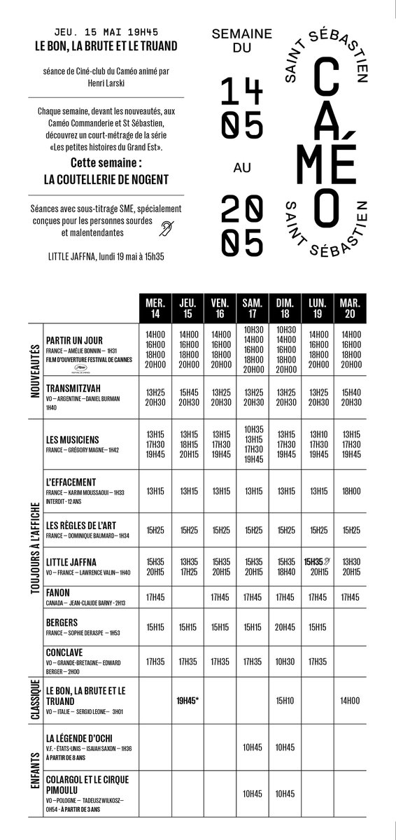 Horaires des séances pour la semaine du 14 au 20 mai 

- 2 Ciné-clubs : Le bon, la brute et le truand + Lili Marleen
- Rafiki dans le cadre de la Journée Mondiale contre l’Homophobie, la Transphobie et la Biphobie
- ❤
#Nancy