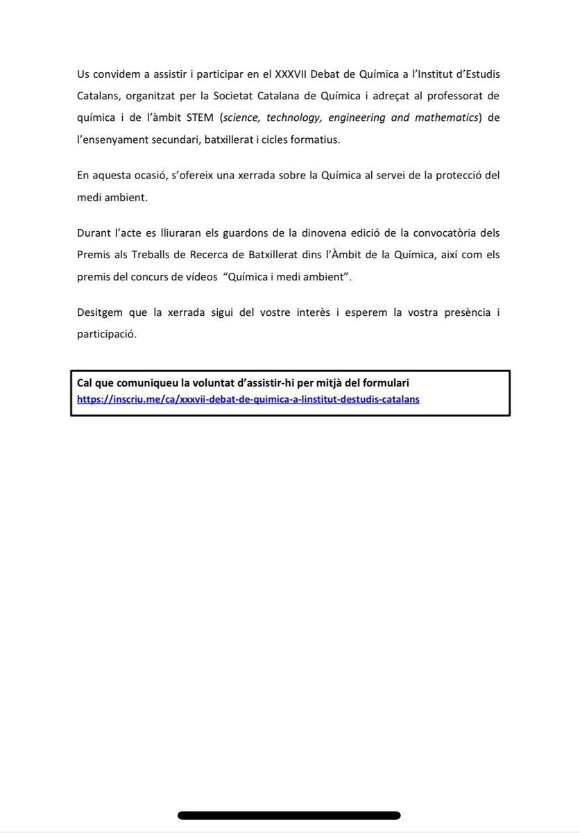 📢 XXXVII Debat de #Química organitzat per la Societat Catalana de #Química

🗓️ Dimecres 21 de maig de 2025 a les 16:30 hores

📍Seu <a href="/iec/">IEC</a> 

En aquesta ocasió, s’ofereix la xerrada “La Química al servei de la protecció del medi ambient” a càrrec de la Prof. Anna Rigol Parera.