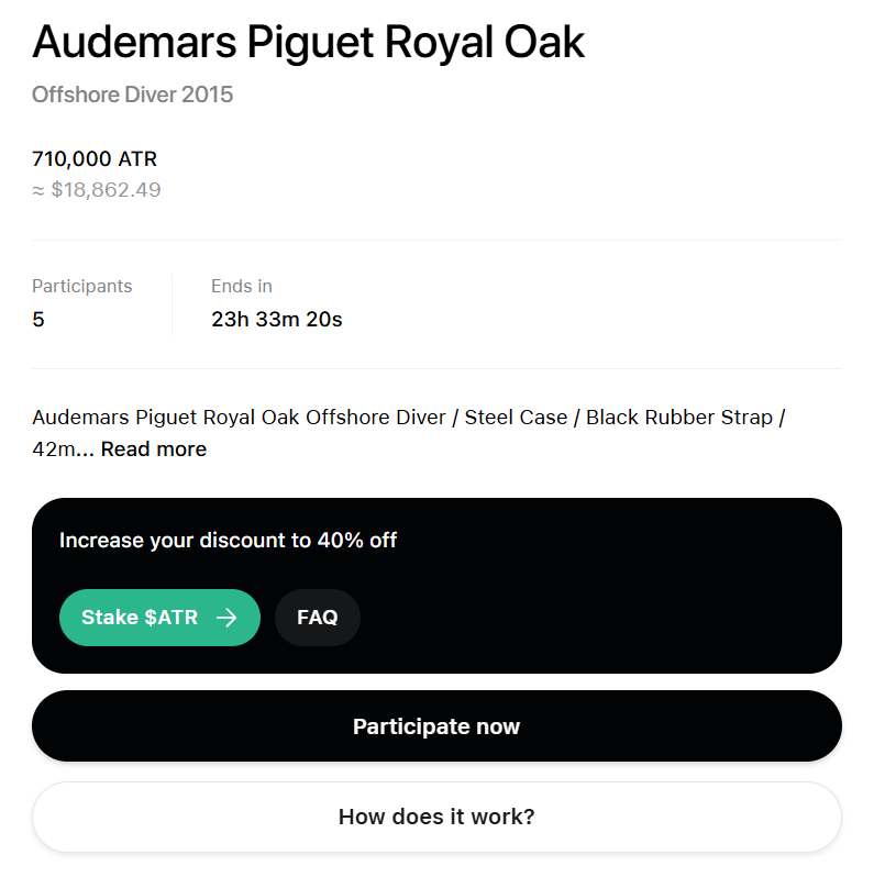 Our biggest raffle to date is live 🔥

Already 5 participants in 🕒

This beautiful AP is up for grabs, at 20% to 40% below market price in $ATR (based on your $ATR staking plan).