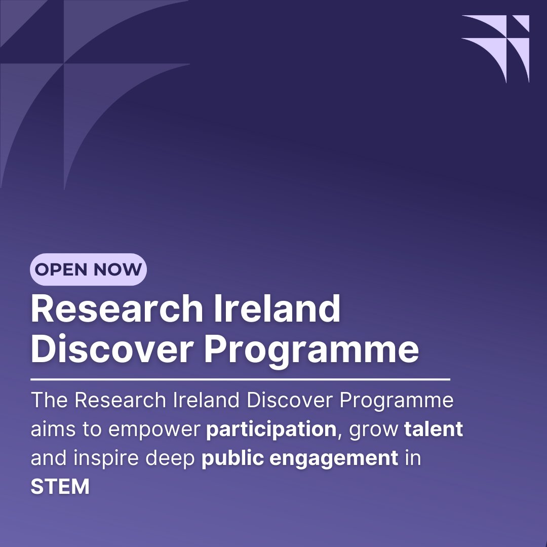 We are pleased to announce that the Research Ireland Discover Programme is open for applications. 

The programme aims to empower participation, grow talent and inspire deep public engagement in #STEM.

For more information visit:

researchireland.ie/funding/discov…