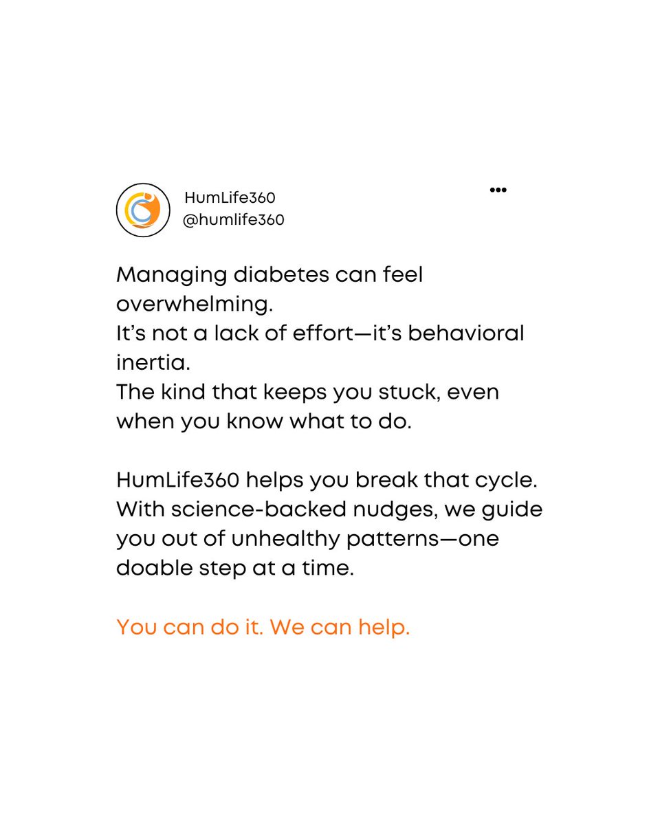 You don’t need to try harder. You need a smarter way to change.

HumLife360 helps you take the next step—then the next. Try your first nudge and see the difference - humlife360.com/one-human

#diabetes #diabetesmanagement #behaviour #nudges #diabetesrisk #diabetestype2