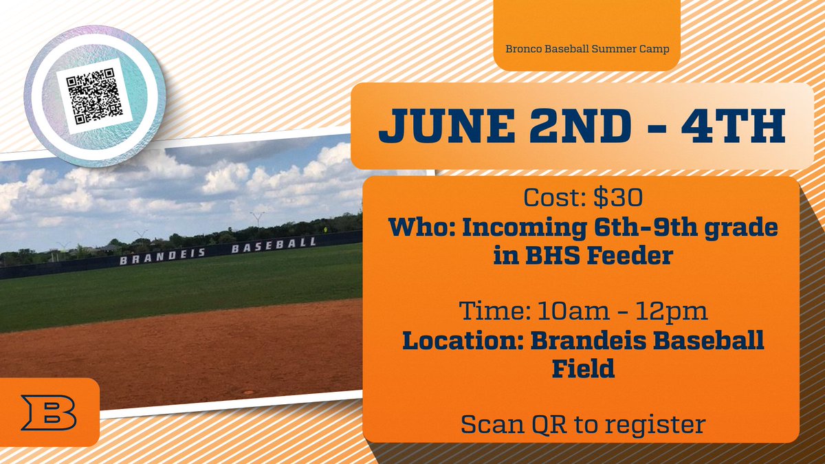 Brandeis Baseball Camp will be held 6/2 - 6/4 at BHS baseball field. Scan the QR to register. Payment will be taken on the first day of camp. Open to incoming 6th - 9th grade in the Brandeis Feeder pattern. #ACAAC