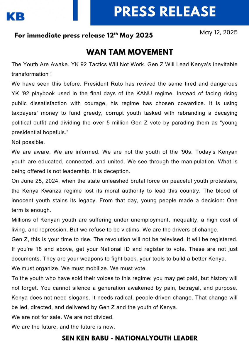 EngChaniro's tweet photo. Gen Z is not for sale. Not divided. Not deceived.
We’ve seen the YK ’92 tricks before, and we reject them.
The youth are awake, united, and ready to lead Kenya toward real change.
The revolution will not be televised. It will be registered.
#WanTamMovement
@thiskenbabu https://t.co/AQZTHplK0R